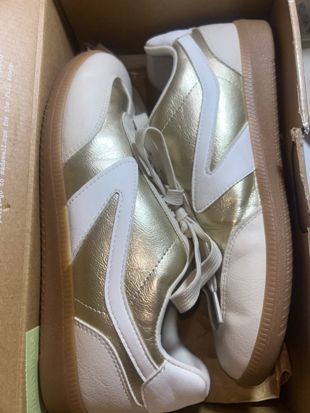 Dolce Vita White and Metallic Gold Low-Top Sneakers with Gum Sole